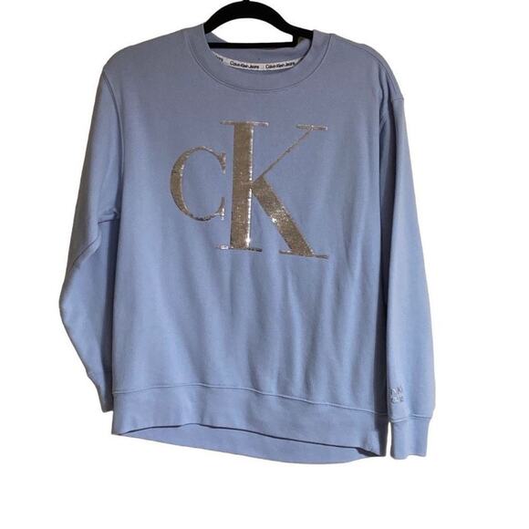 Calvin Klein Women's Shimmering Logo Print Crew Neck Sweatshirt Purple XS - Picture 1 of 8
